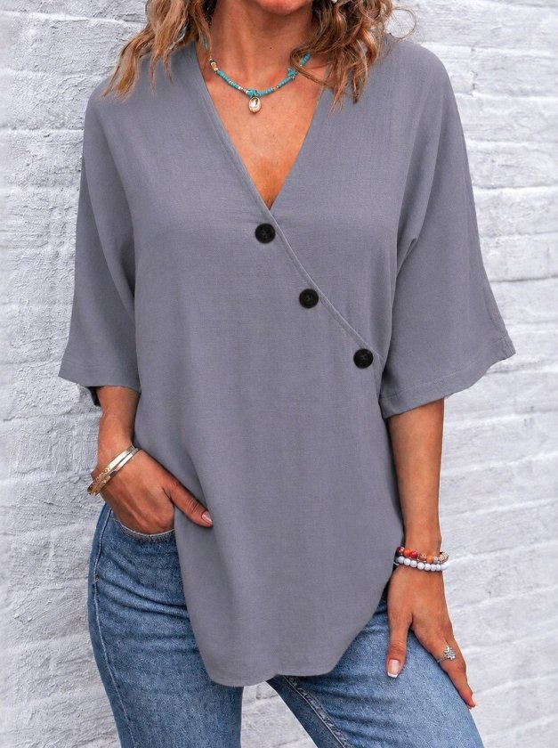 Women's Short Sleeve V-Neck Buttoned Blouse
