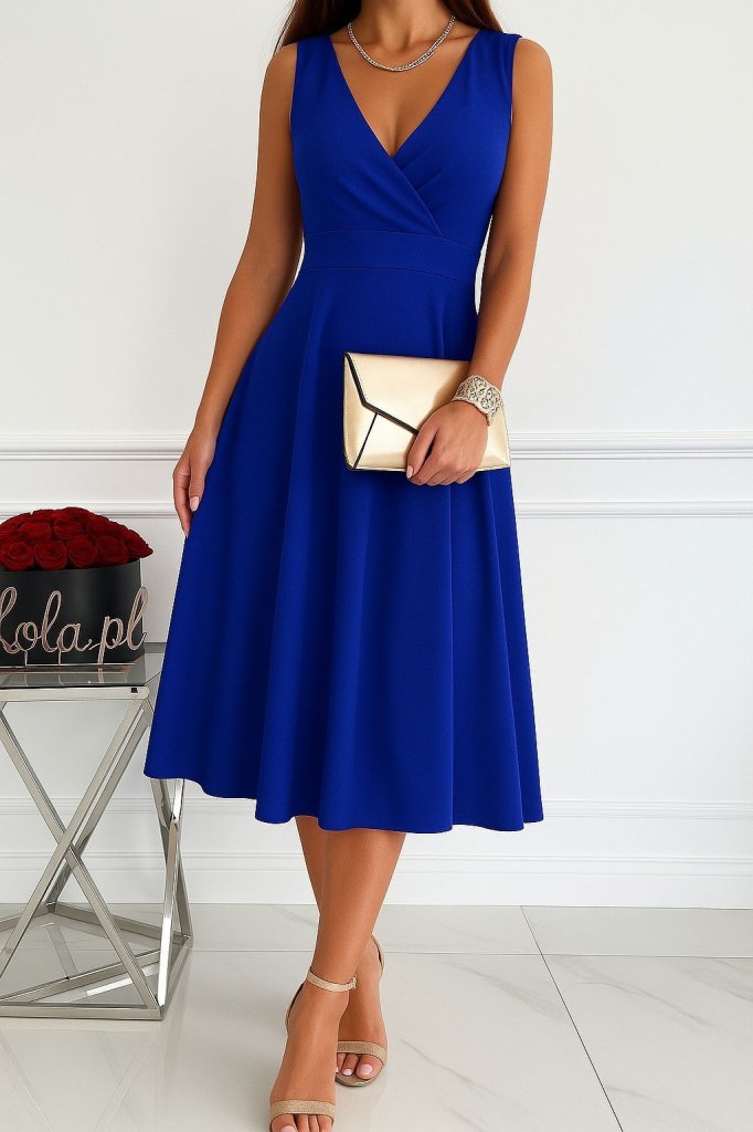 Women's Imported Crepe Fabric Wrap Collar Flared Hem Sleeveless Mini Dress