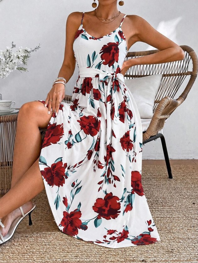 Women's Spaghetti Strap V-Neck Waist Belted Long Patterned Supreme Dress