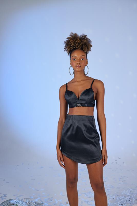 Askılı Crop Saten Fancy Büstiyer Siyah