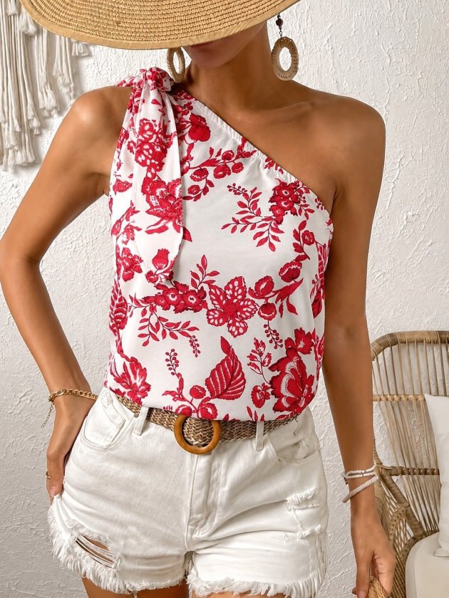 Kadın Tek Omuzdan Askılı Fiyonklu çiçek Desenli Süprem Bluz