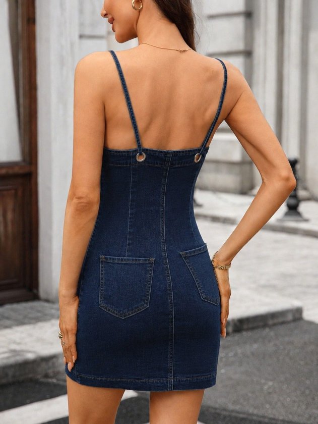 Women's Thin Strap Front Buttoned Short Denim Dress