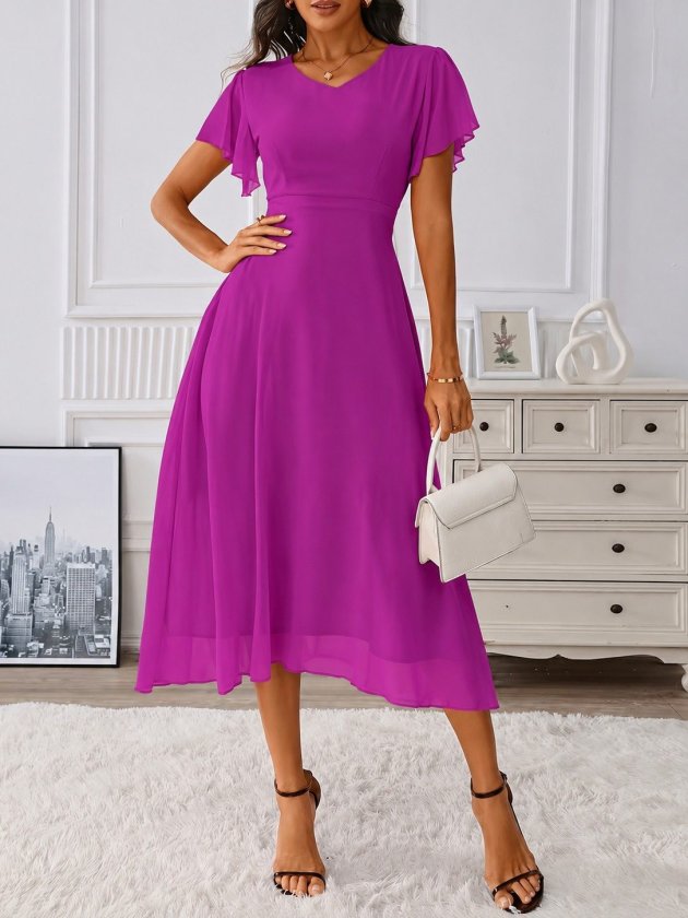 Women's Short Sleeve V-Neck Midi Lined Chiffon Dress
