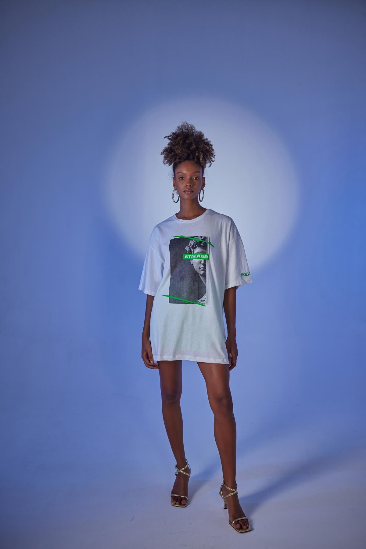 Oversize Baskılı Stalker T-Shirt Beyaz