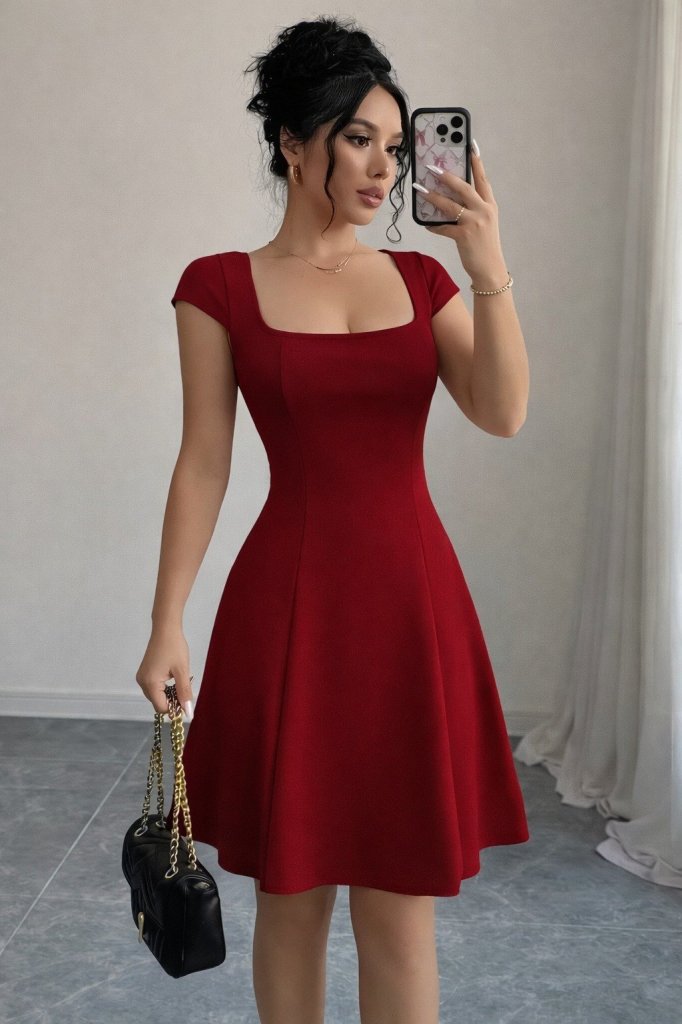 Women's Short Sleeve Square Neck Short Imported Crepe Dress