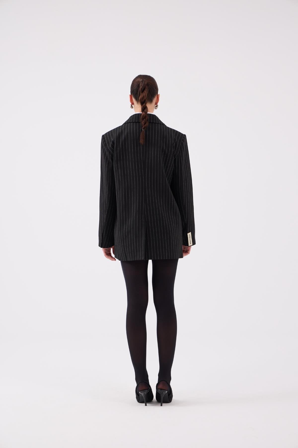 Oversize Kesim Çizgili Strip Blazer Ceket Siyah