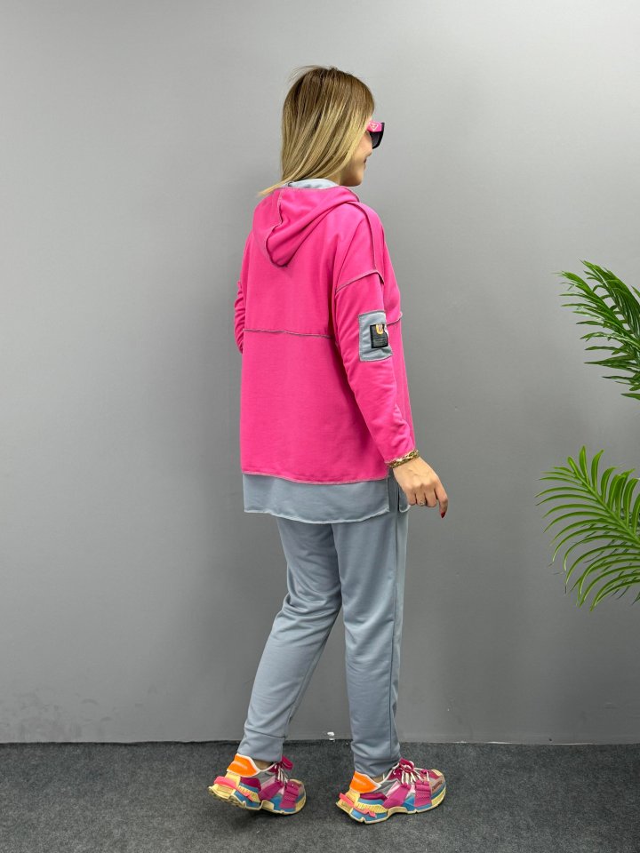 Women's Pink Hooded Two-Piece Set with Skirt Hem Detail and Reverse Stitch Patch