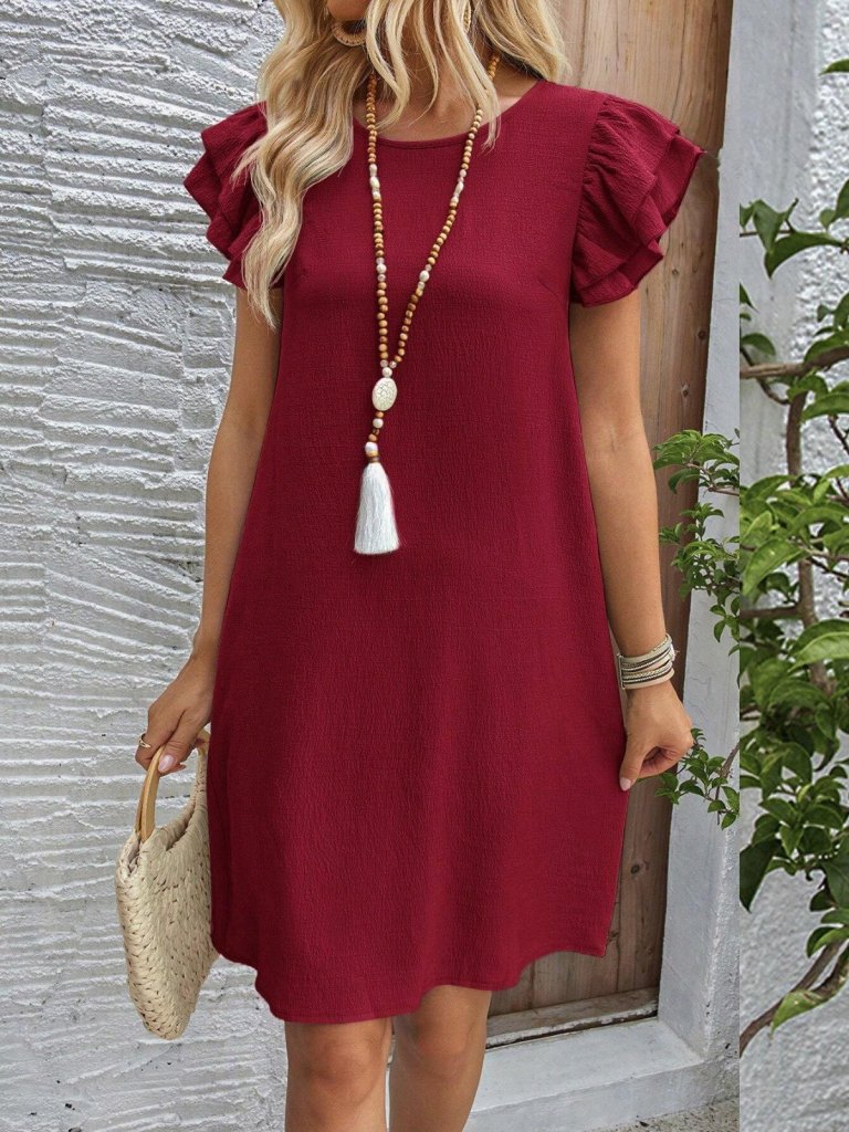 Women's Short Sleeve Crew Neck Ruffled Short Crinkled Dress