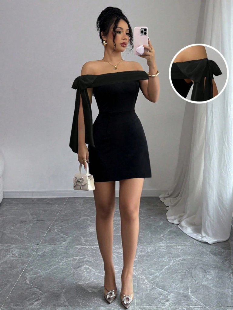 Women's Madonna-Collar Short Imported Crepe Dress with Ribbon Detail