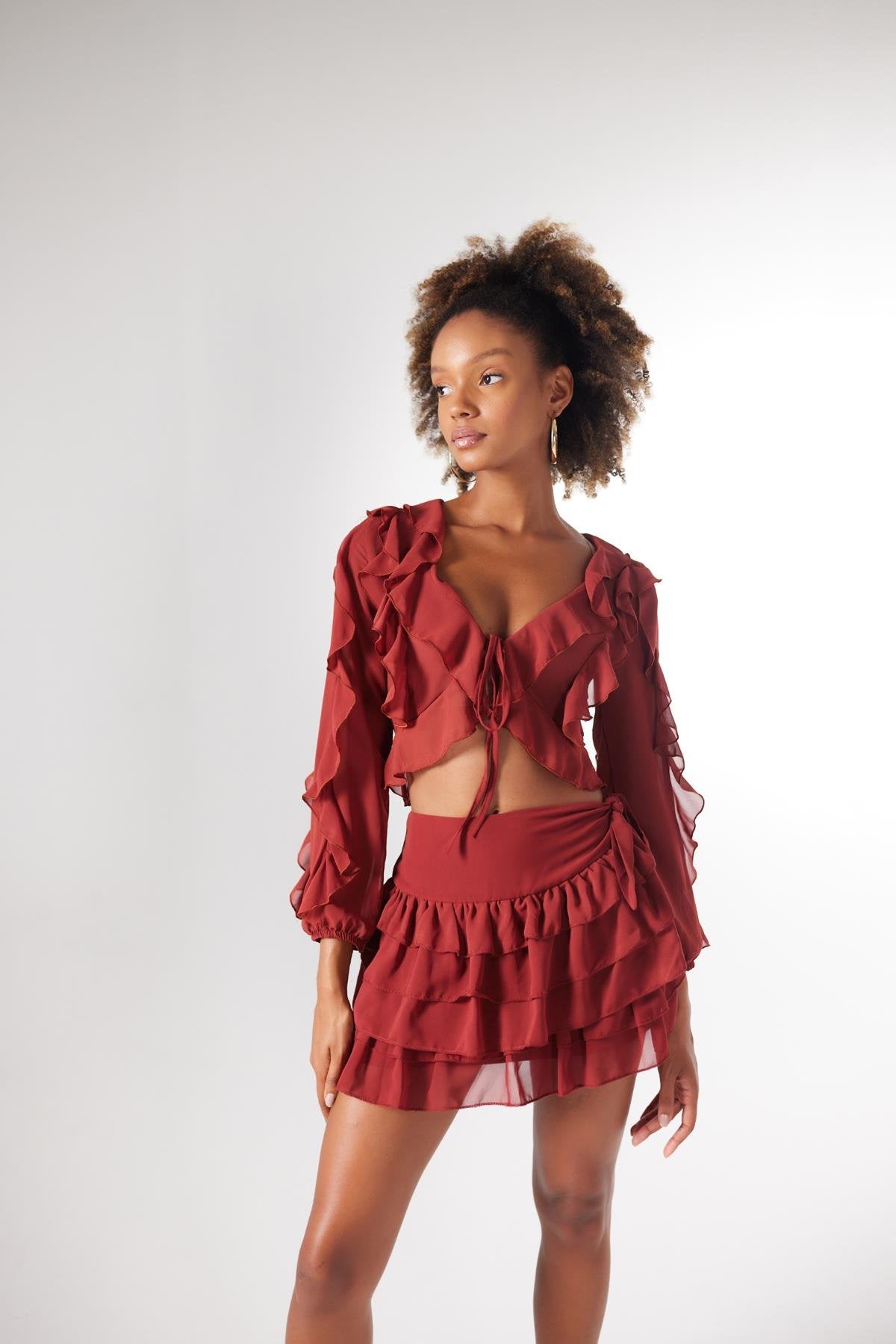 Beli Lastikli Volanlı Mini Elsa Etek Kahve