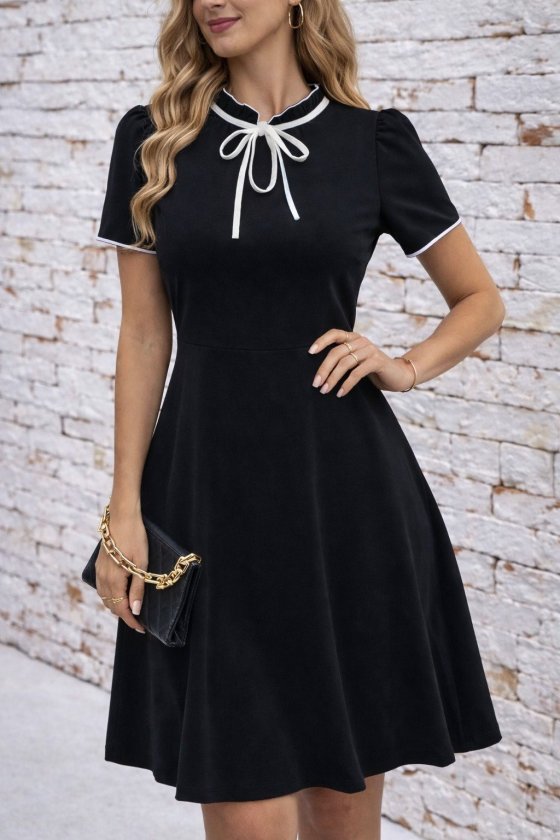 Women's Short Sleeve Neck Tie and Ruffled Midi Ruffle Crepe Dress