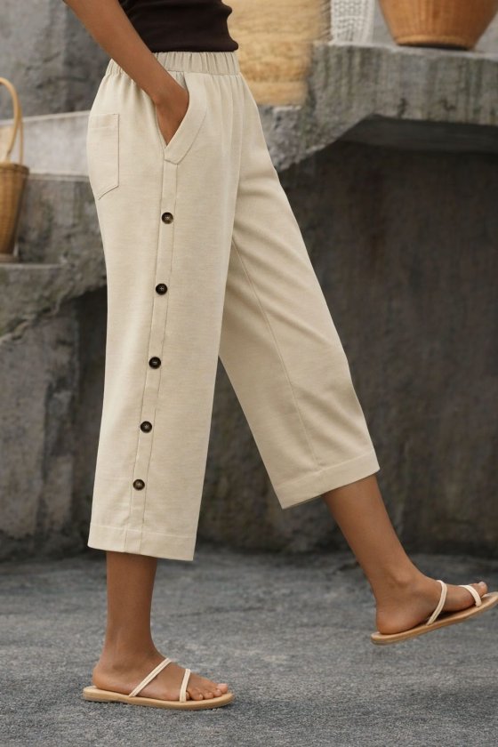 Women's High Waist Elastic Side Button Detail Midi Pants