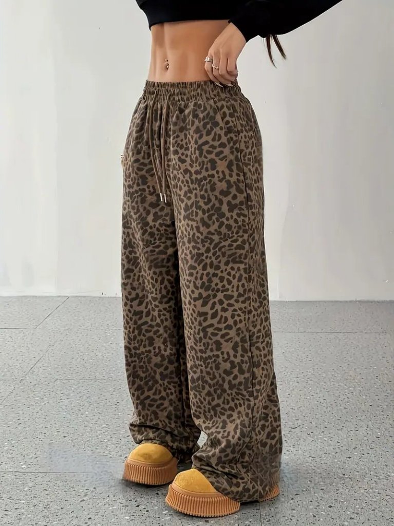 Women's High Waist Elastic Drawstring Wide Leg Double Thread Pants