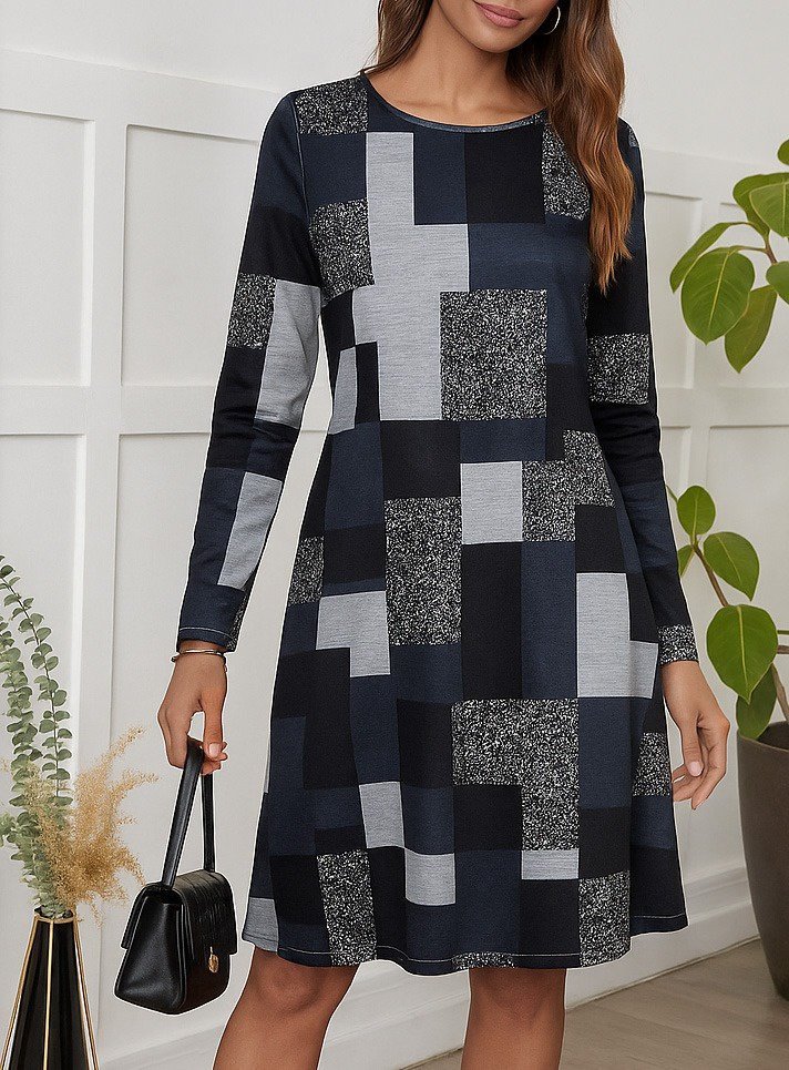 Women's Long Sleeve Round Neck Geometric Supreme Dress