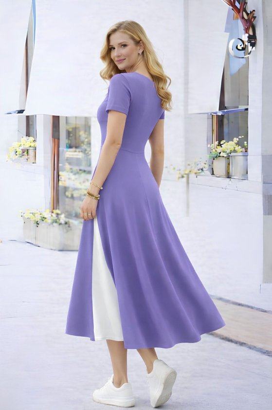 Women's Short Sleeve Asymmetric Collar Button Detail Midi Viscose Dress