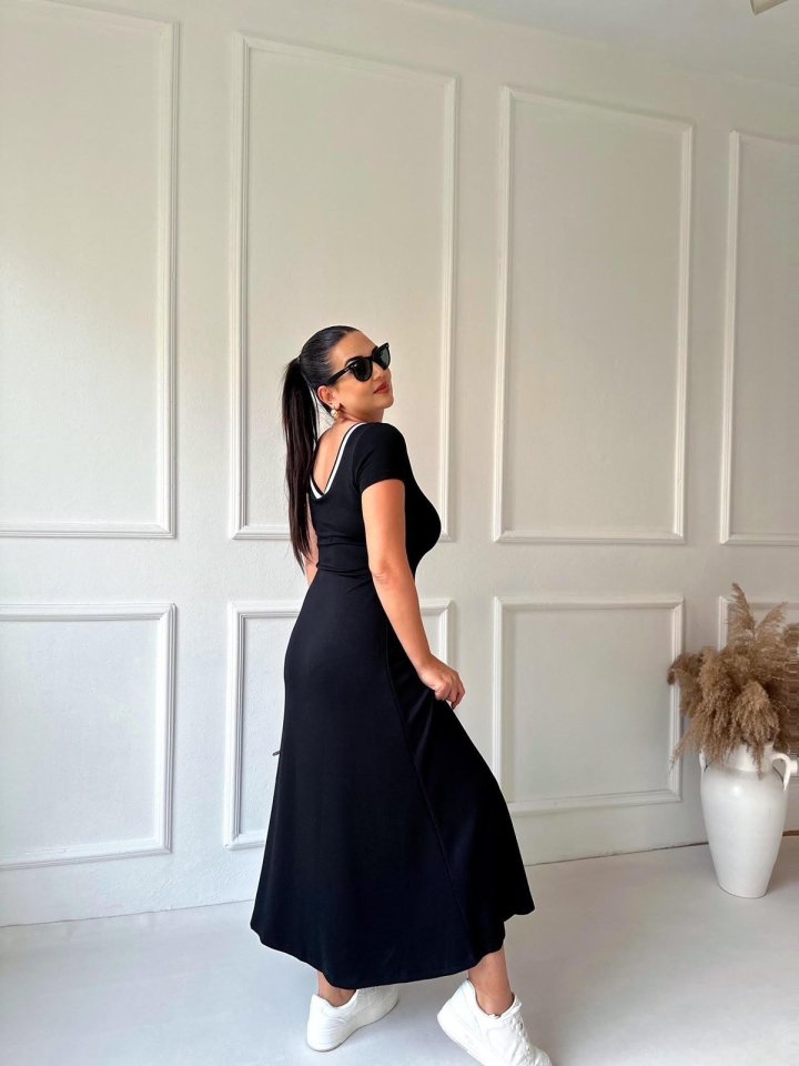 Women's Round Ribbed Neck White Slit Detailed Viscose Full-Length Dress