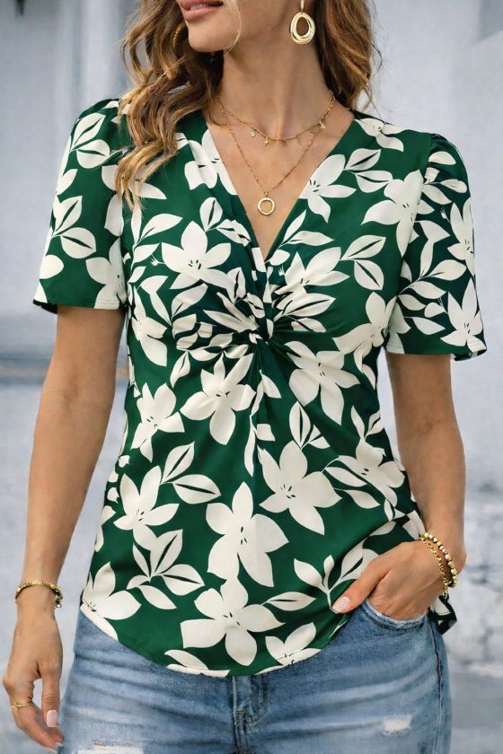 Women's Short Sleeve V Spiral Collar Floral Patterned Supreme Blouse