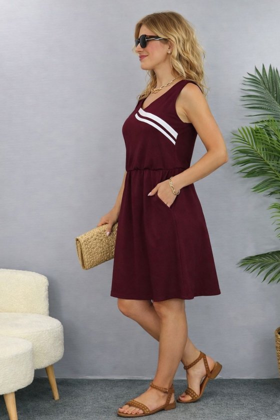 Women's Sleeveless V Neck Gathered Waist Short Viscose Two-Ply Dress