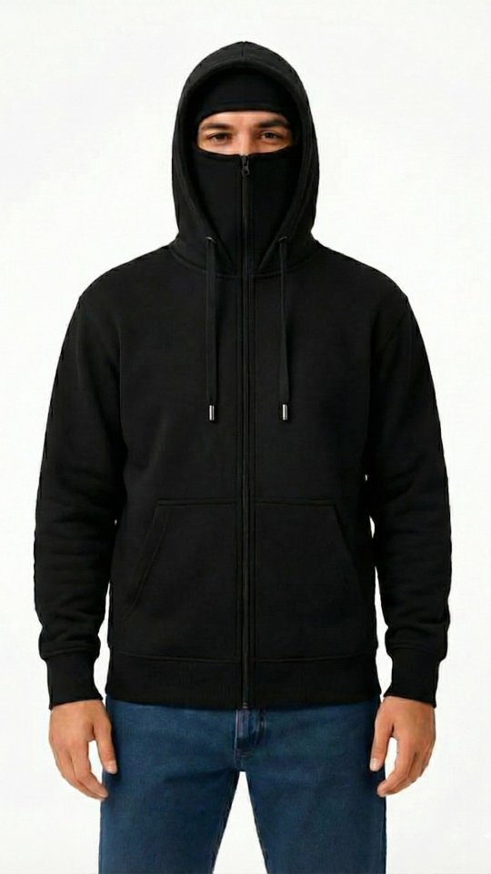 Samuray Ninja Çift Kapüşonlu ZIP Fermuarlı Kanguru Cepli Tam Fermuarlı Hoodie Sweatshirt - Siyah