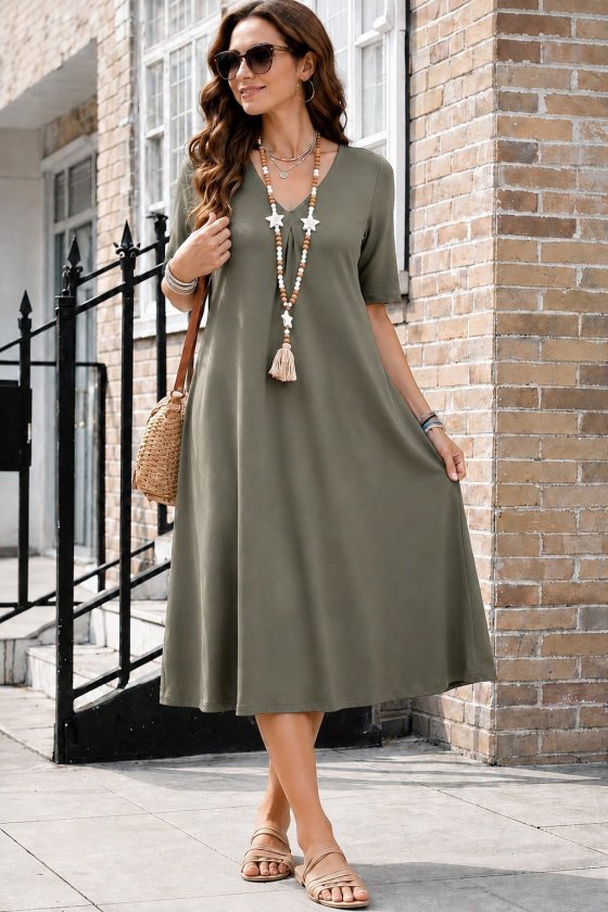 Women's Short Sleeve V-Neck Pocket Detail Midi Viscose Dress