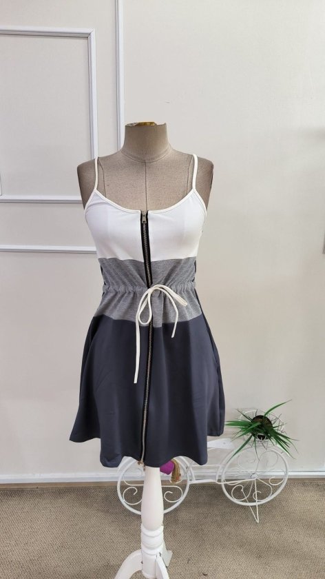 Women's Spaghetti Strap Front Zipper Waist Tie Multicolor Short Viscose Double Thread Dress