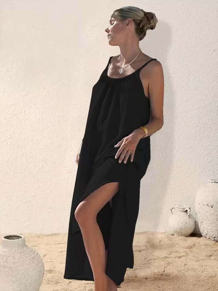 Women's Strap Spaghetti Round Neck Slit Long Muslim Dress