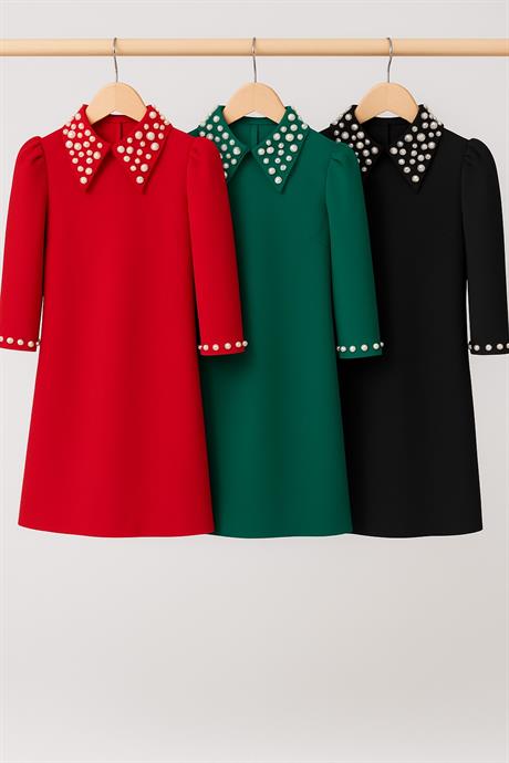 Fakir Kollu Kız Çocuk Elbise Yakası Ve Kolu Taşlı Siyah 8-9 Yaş