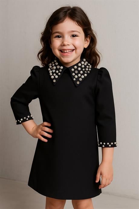 Fakir Kollu Kız Çocuk Elbise Yakası Ve Kolu Taşlı Siyah 6-7 Yaş