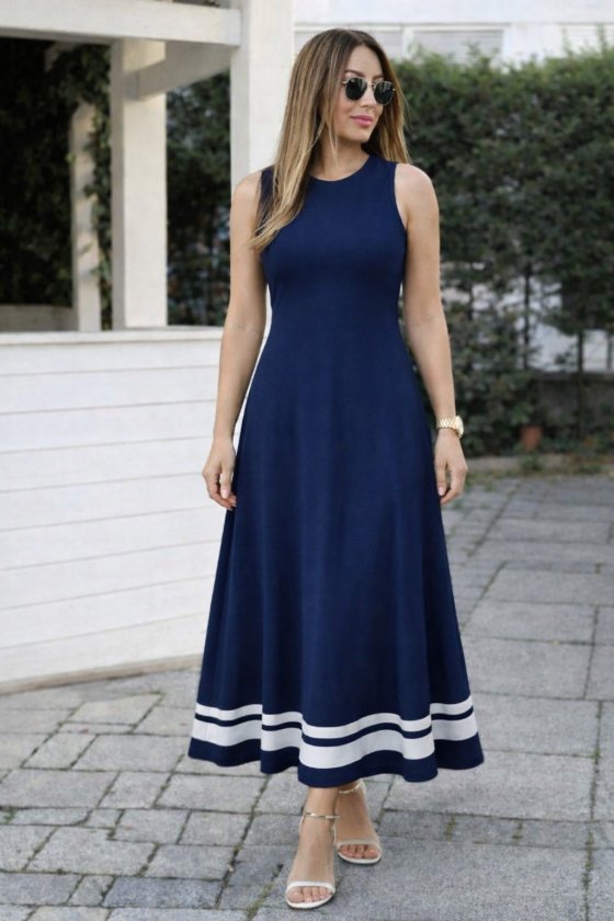 Women's Strappy Round Neck Hem Stripe Detailed Long Viscose Dress