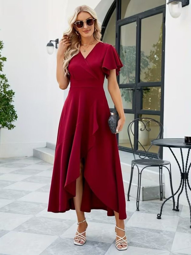 Women's Short Sleeve Wrap Neck Front Asymmetric Ruffled Long Imported Crepe Dress