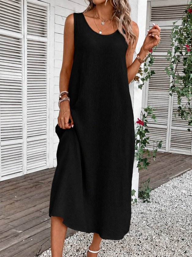 Women's Strappy Round Neck Pocketed Long Crinkled Dress