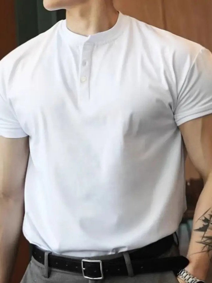 Men's Short Sleeve Mandarin Collar Front Buttoned Viscose Blouse
