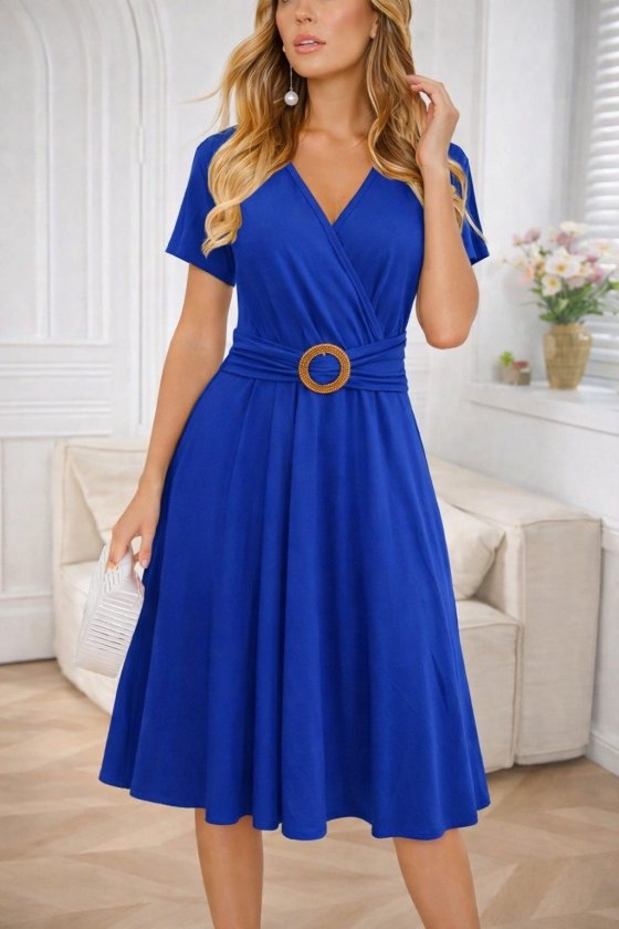 Women's Short Sleeve Wrap Neck Front Buckle Detailed Short Viscose Dress