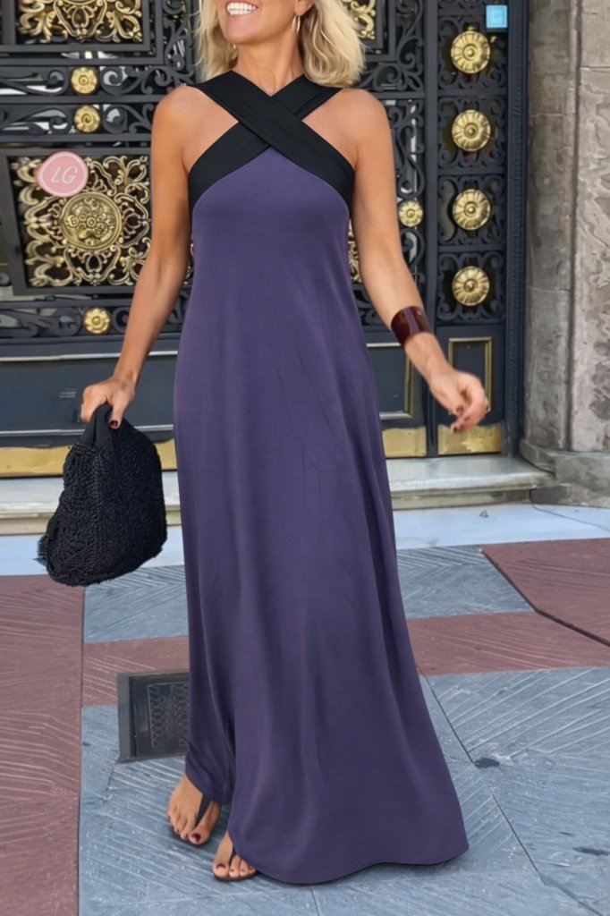 Women's Front Cross Detail Two-Tone Long Viscose Dress