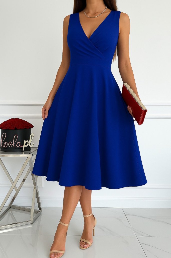 Women's Imported Crepe Fabric Wrap Collar Flared Hem Sleeveless Mini Dress