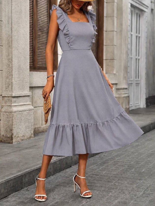Women's Spaghetti Strap Ruffled Square Neck Back Tie Midi Aerobin Dress