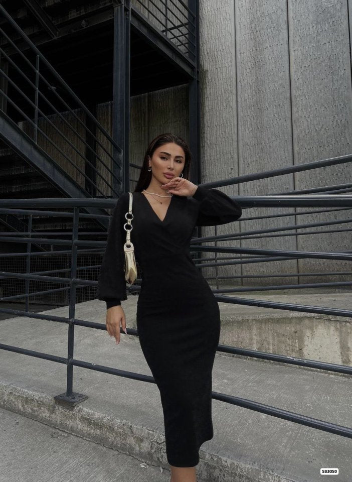 Women's Long Sleeve Wrap Neck with Gathered and Balloon Sleeve Detail Crepe Fabric Maxi Length Shimmery Dress