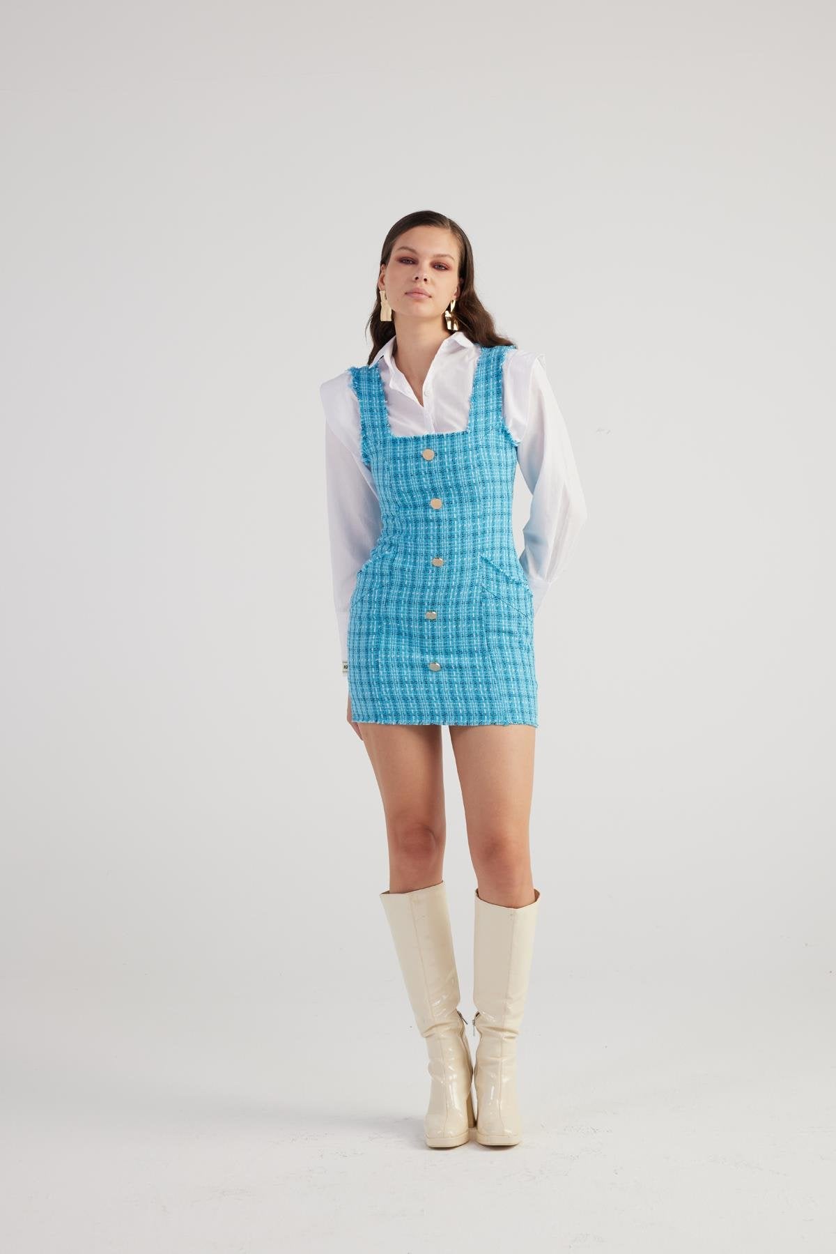 Metal Düğme Detaylı Mini Tüvit Tweed Elbise Mavi Mavi L