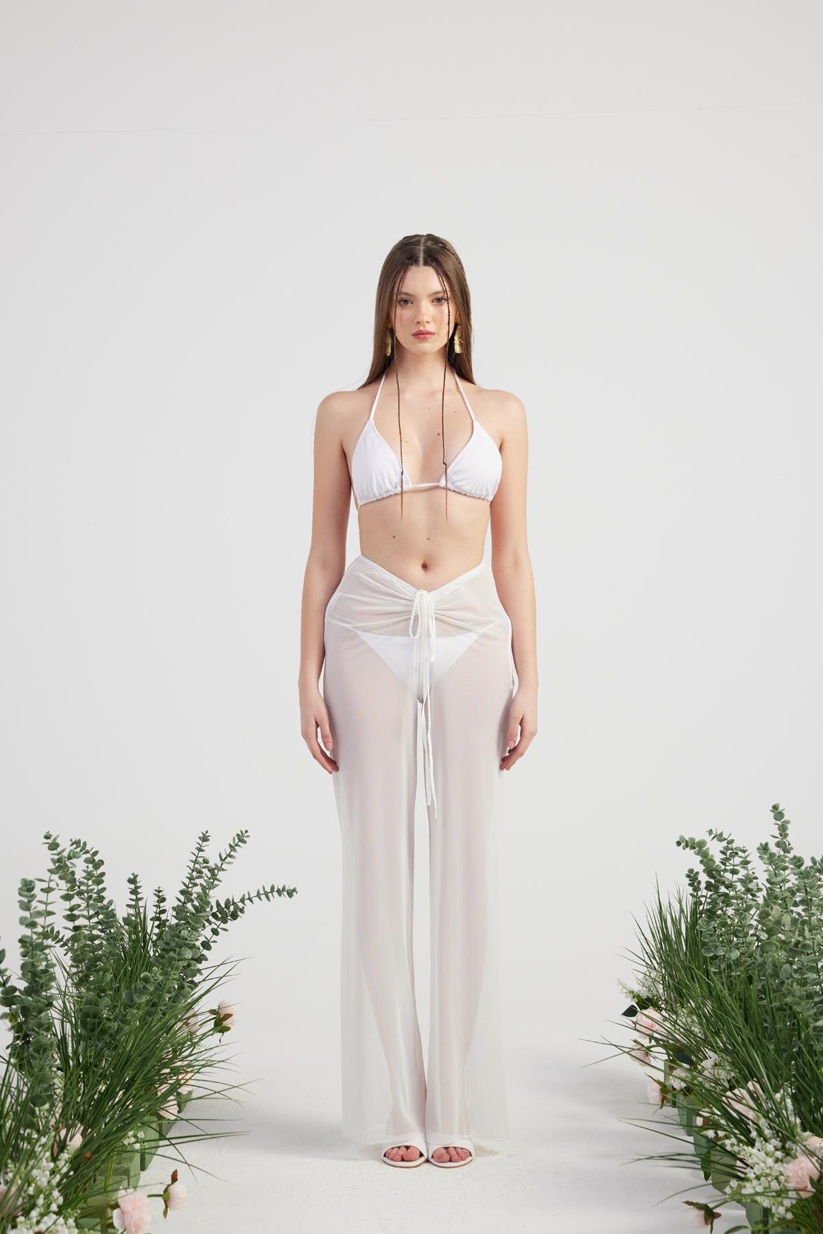 Shirred Pareo Pantolon Beyaz Beyaz L