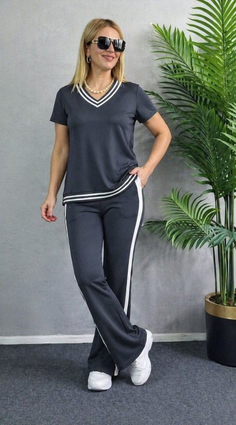 Women's Short Sleeve V-Neck Viscose Double Yarn Blouse and Pants Set
