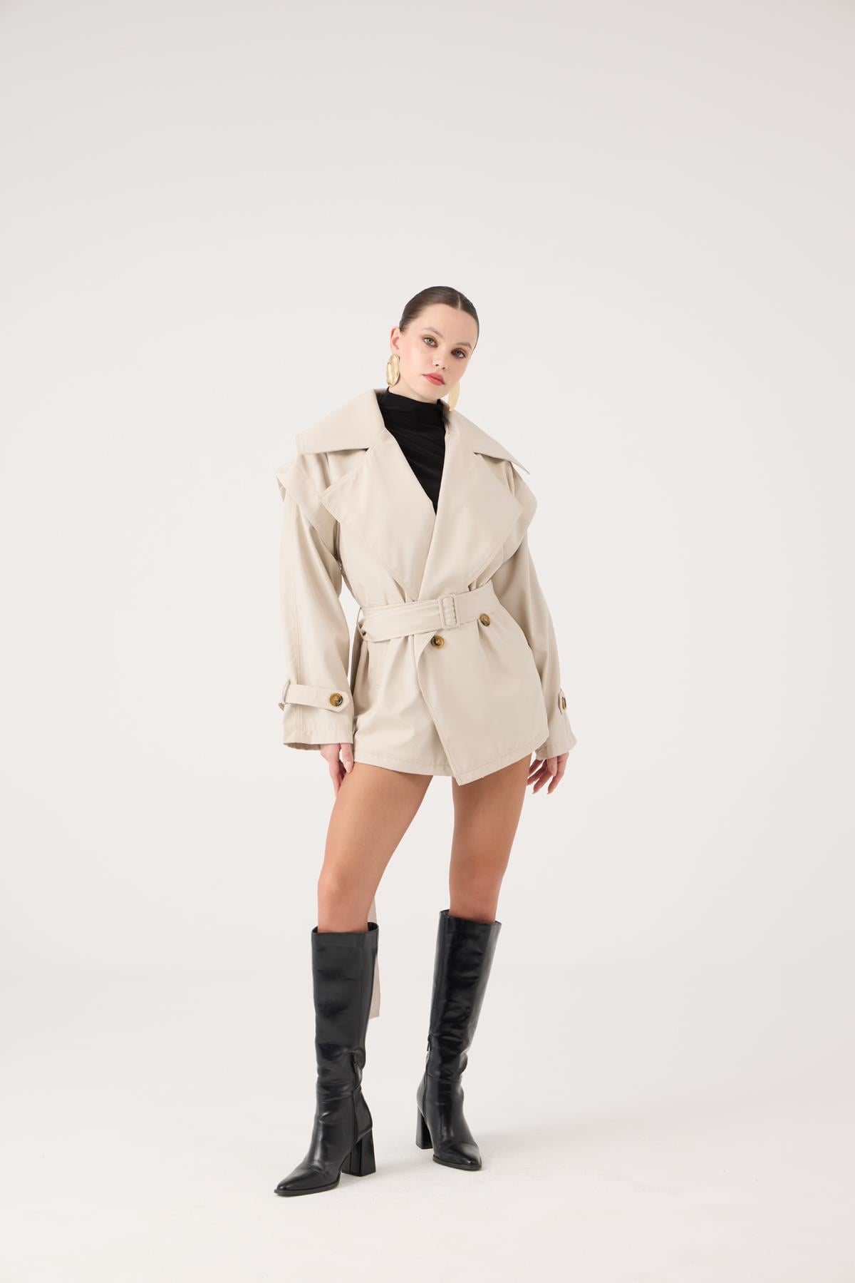 Kemerli Oversize Kesim Sara Trençkot Bej