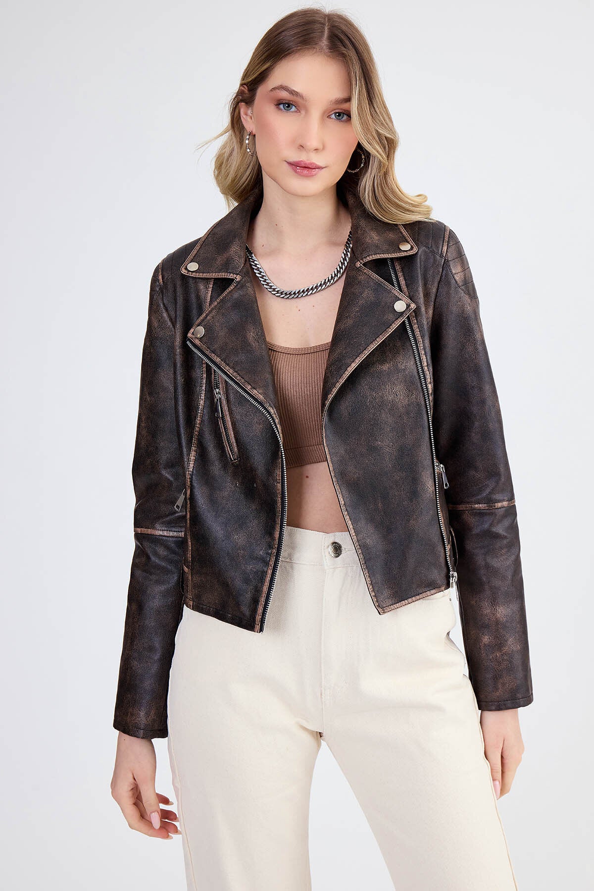 Fermuarlı Suni Deri Crop Biker Ceket