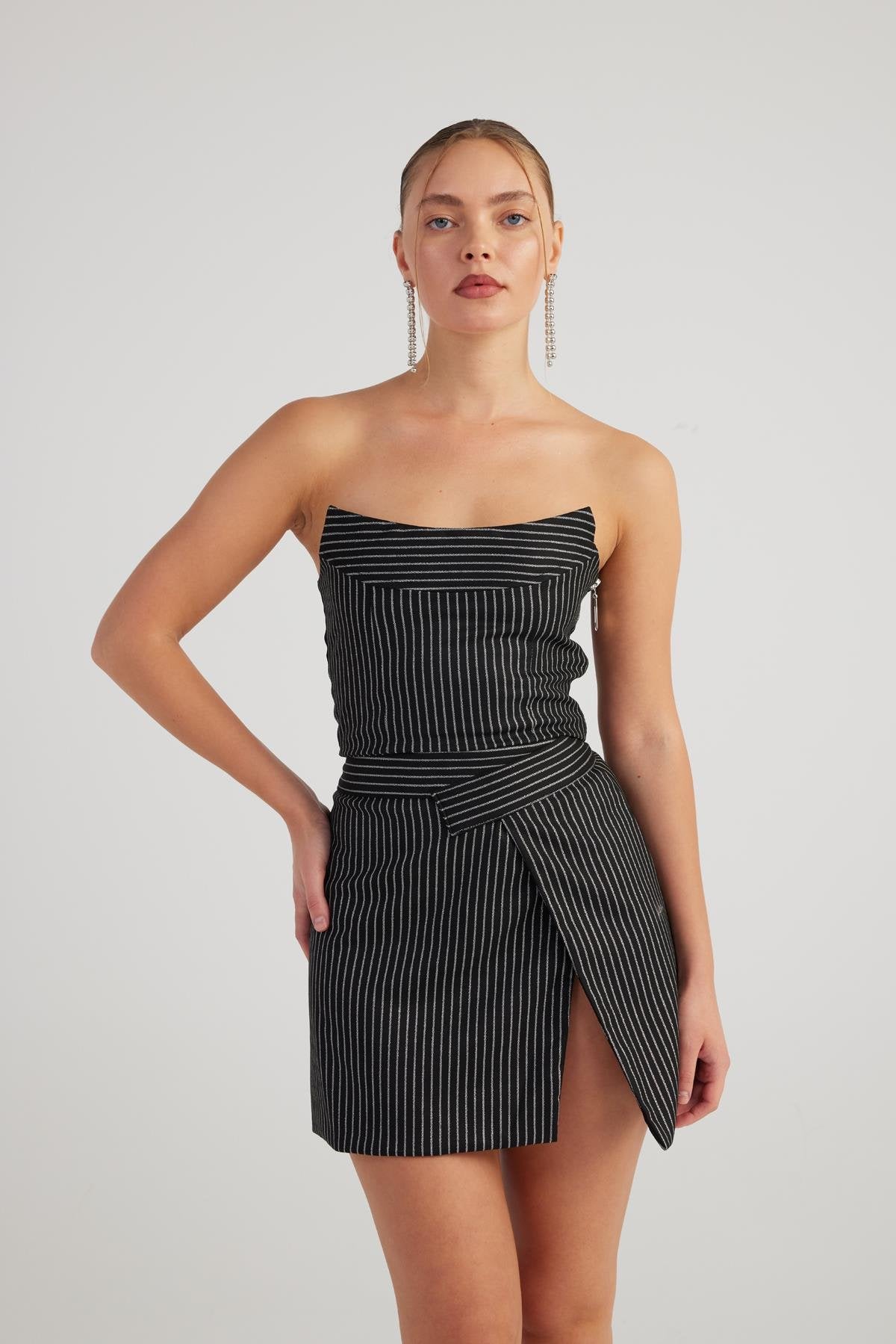 Simli Çizgili Crop Eden Büstiyer Siyah Siyah L