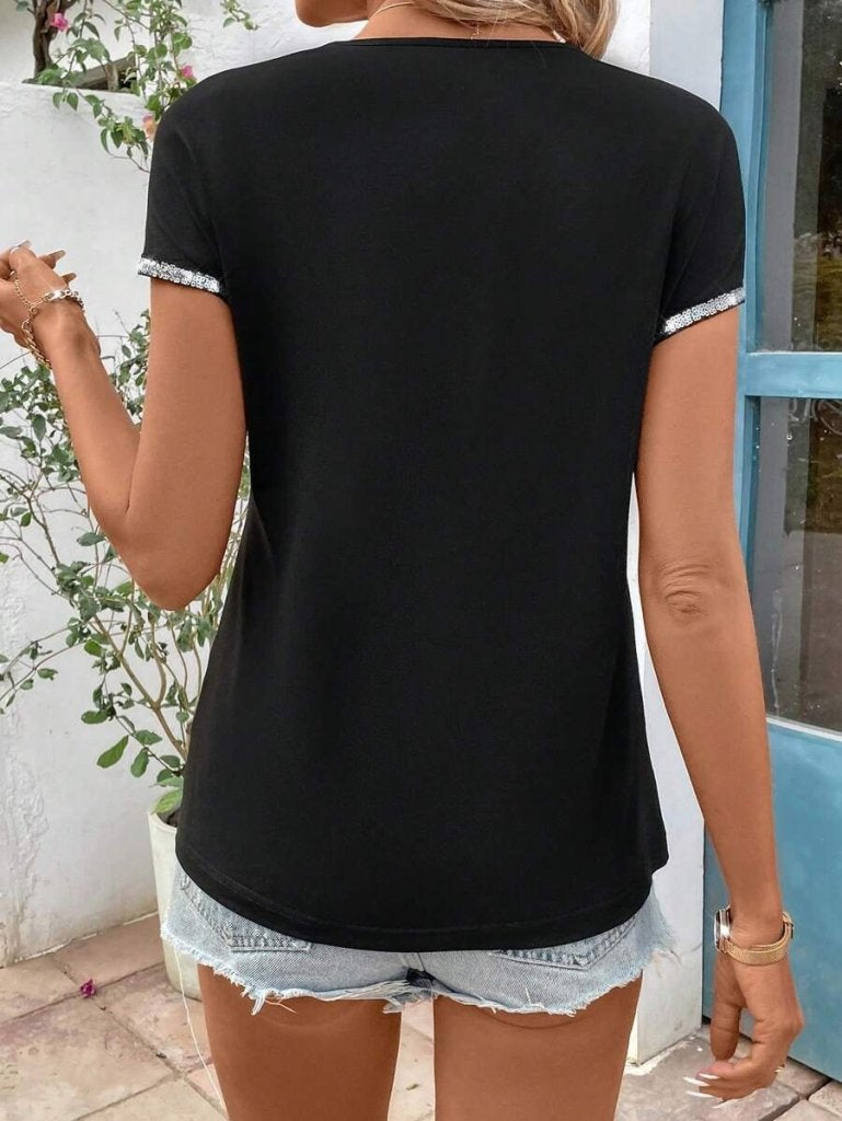 Women's Short Sleeve Front Zipper Glitter Sleeve Cuff Viscose Blouse