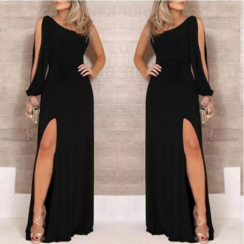 One-Shoulder Open Deep Slit Crepe Full-Length Dress
