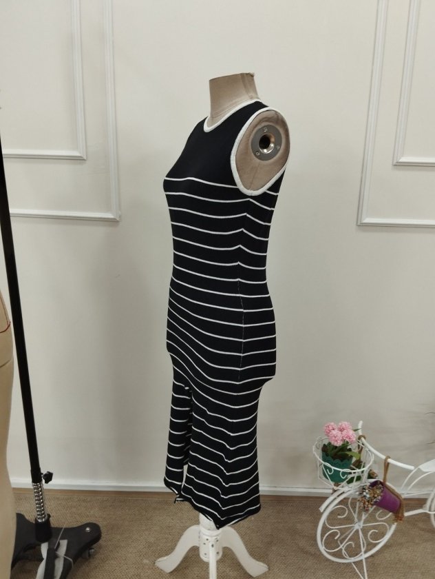 Women's Sleeveless Round Neck Blouse with Strap Detail and Slit Midi Knit Dress
