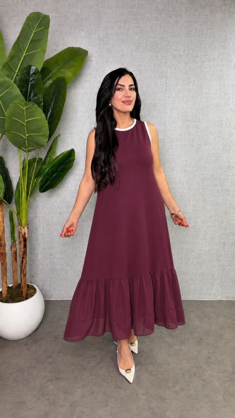 Women's Strappy Round Neck Chiffon Hem Detail Long Viscose Double Thread Dress