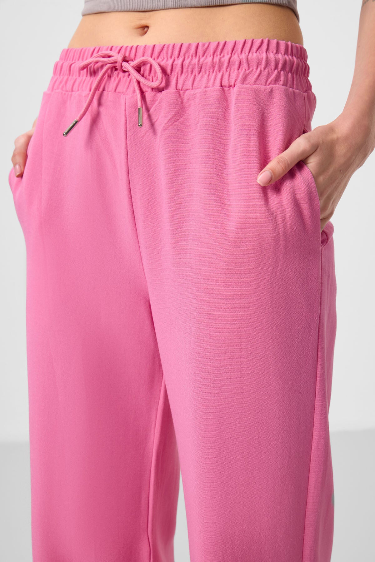 Fuşya Keten Geniş Paça Rahat Form Kadın Palazzo Pantolon - 94675