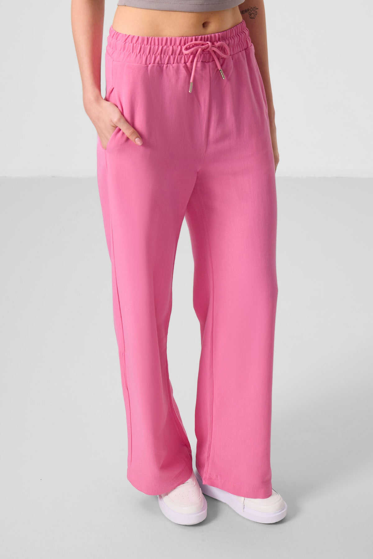 Fuşya Keten Geniş Paça Rahat Form Kadın Palazzo Pantolon - 94675