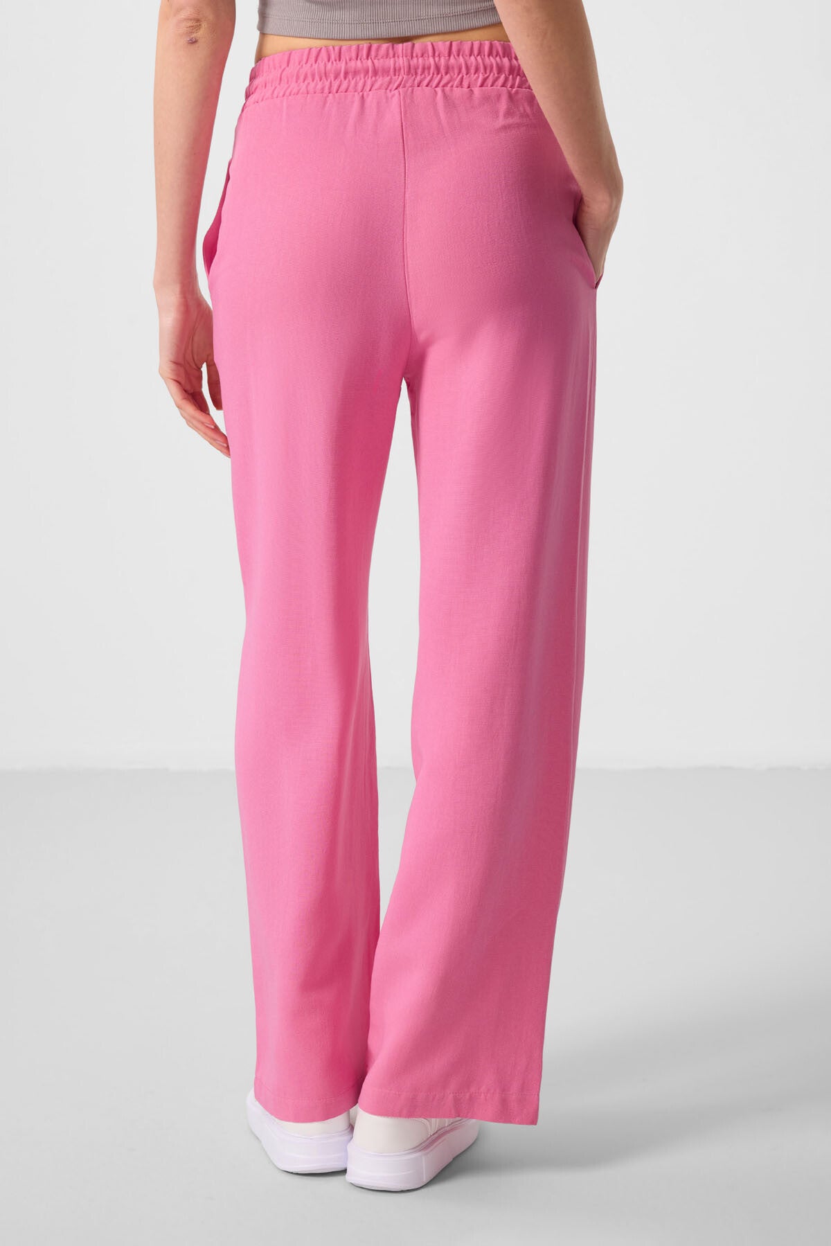 Fuşya Keten Geniş Paça Rahat Form Kadın Palazzo Pantolon - 94675